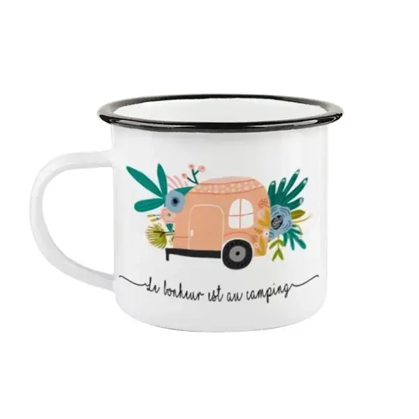 Tasse en émail ''le bonheur est au camping'' (rose) - FQCC