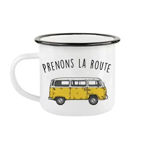 Tasse en émail ''Prenons la route'' - FQCC Tasse en émail ''Prenons la route'' - FQCC