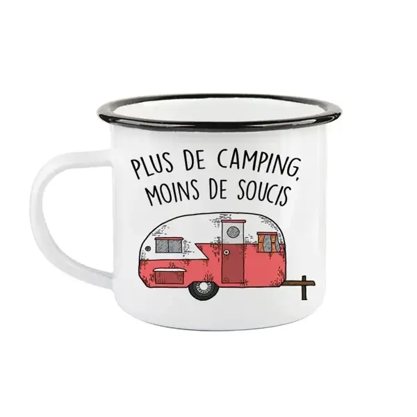 Tasse en émail ''Plus de camping moins de soucis'' - FQCC Tasse en émail ''Plus de camping moins de soucis'' - FQCC