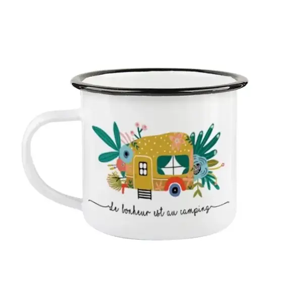 Tasse en émail ''le bonheur est au camping'' (jaune) - FQCC